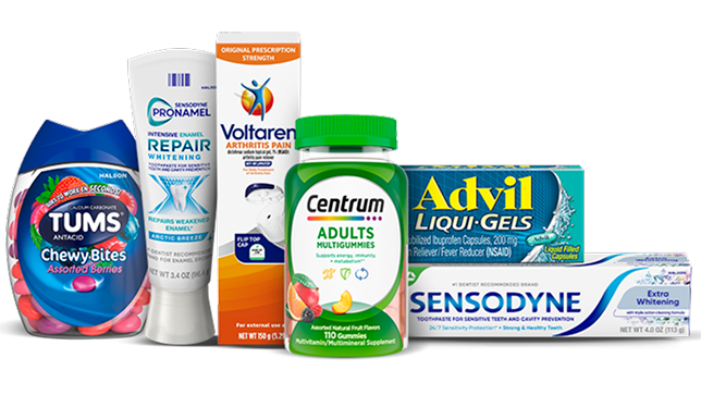 TUMS, Pronamel, Voltaren, Centrum, Advil and Sensodyne products. Disclaimer reads: these products may contain NSAIDs and/or Acetaminophen. Read labels before use and use only as directed.